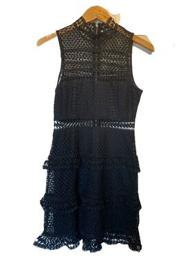 LULUS Black Sleeveless Crochet Mesh Lace High Neck Tiered Mini Dress - Sz Medium